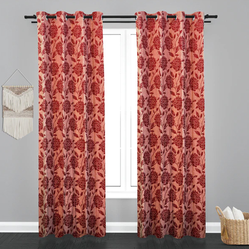 Cherry Red Seoul Floral Design Jacquard Fabric Curtain