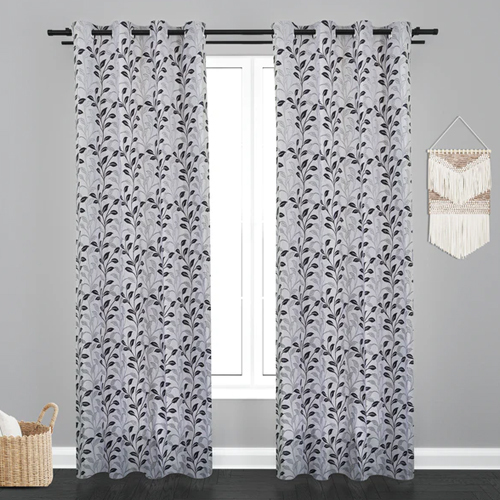 Grey Vieena Leaf Design Jacquard Fabric Curtain