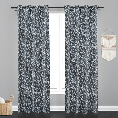 Dark Grey Accra Small Leaf Design Zari Work Embroidery Jacquard Curtain - Design: Modern