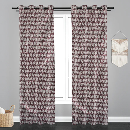 Purple Accra Leaf Design Zari Work Embroidery Jacquard Curtain - Color: Brown