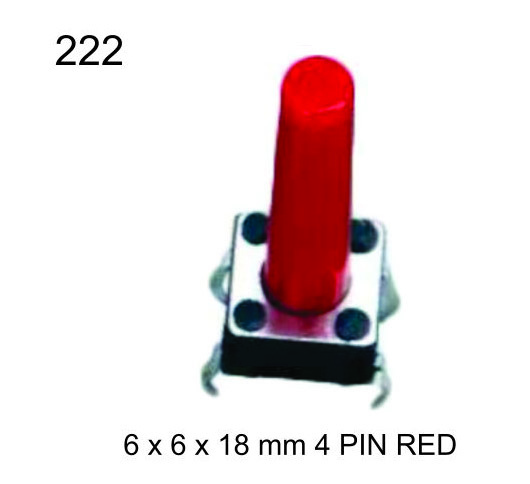 6X6X18 MM 4 PIN Red Tactile Switch - Metal, Size: 6x6x18mm, Knob Color: Red | OHS Compliance No, Tact Pins Configuration 4