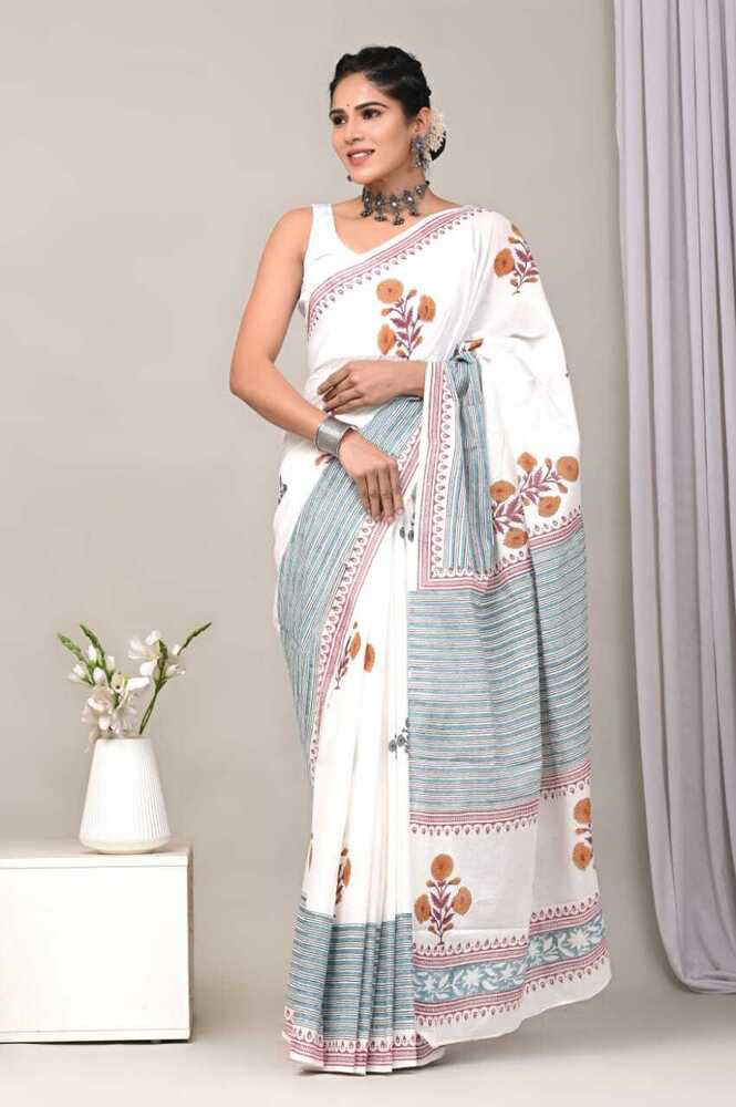 Block Printed Saree - Color: White