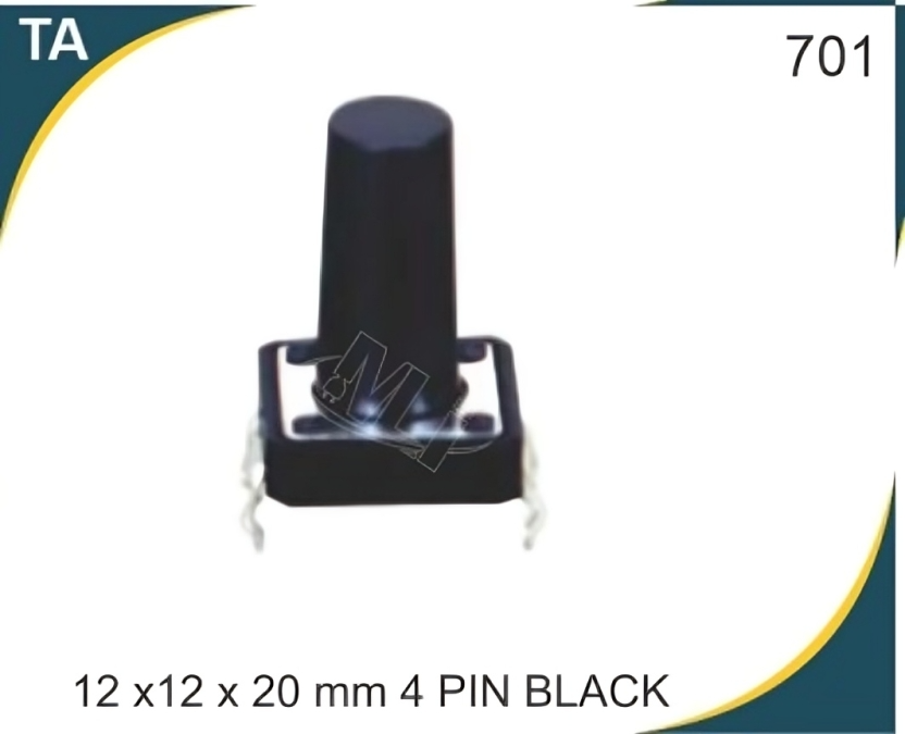 12X12X20 MM 4 PIN BLACK TACTILE SWITCH - Brass 1.5 mm, Lite Weight, SMT/THT Mounting Options | High-Reliability for Electronics Control Systems