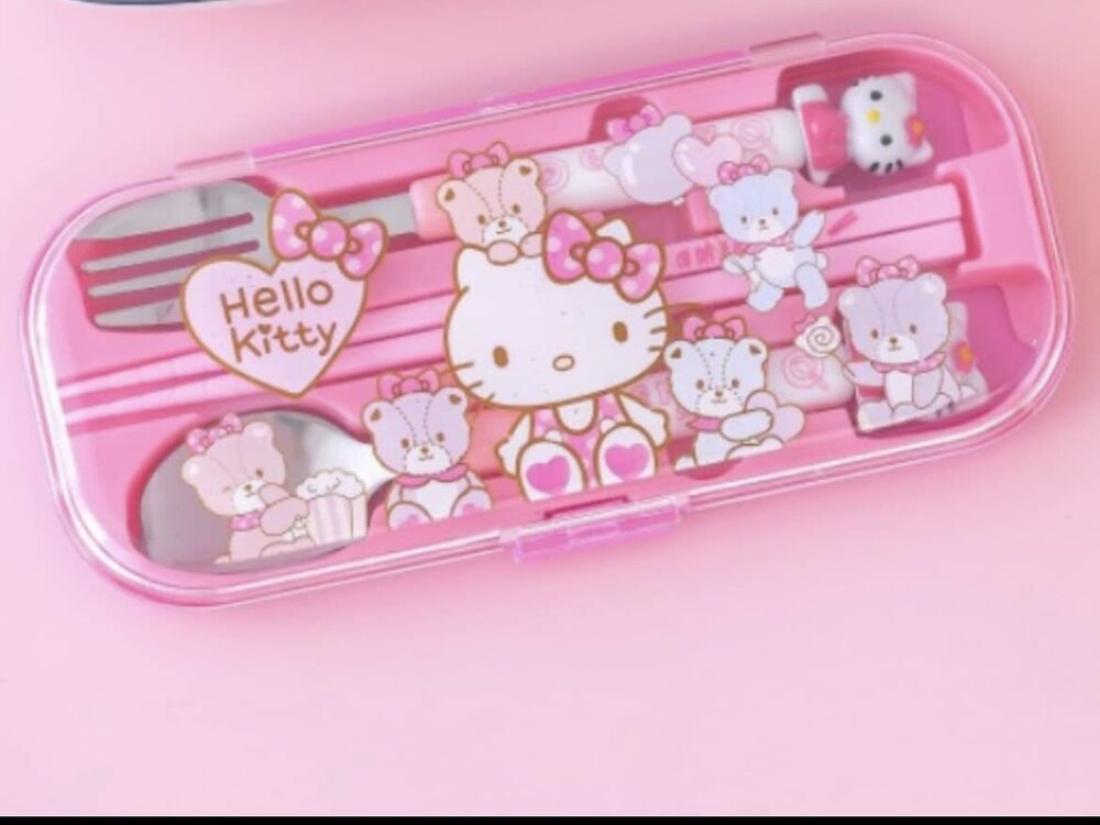 Cherrybox Pink Kitty Cutlery Set - Stainless Steel, Standard Size, 12 Sets | Spoon, Fork, And Chopsticks For School, Travel, Picnic, Baby Feeding