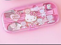 CherryBox Pink Kitty Spoon, Fork and Chopsticks Cutlery Set for Kids with Box forSchool Travel Picnic Baby Feeding