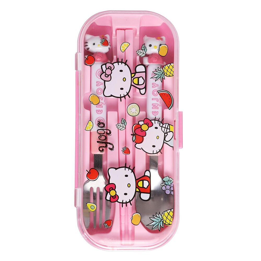 Cherrybox Pink Kitty Cutlery Set - Stainless Steel, Standard Size, 12 Sets | Spoon, Fork, And Chopsticks For School, Travel, Picnic, Baby Feeding