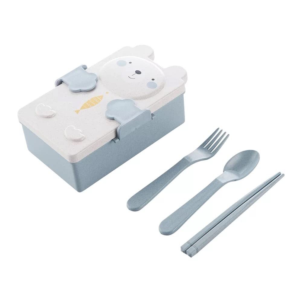 CherryBox Kids Double-Compartment Wheat Straw Cartoon Lunch Box with Spoon, Fork and Chopsticks