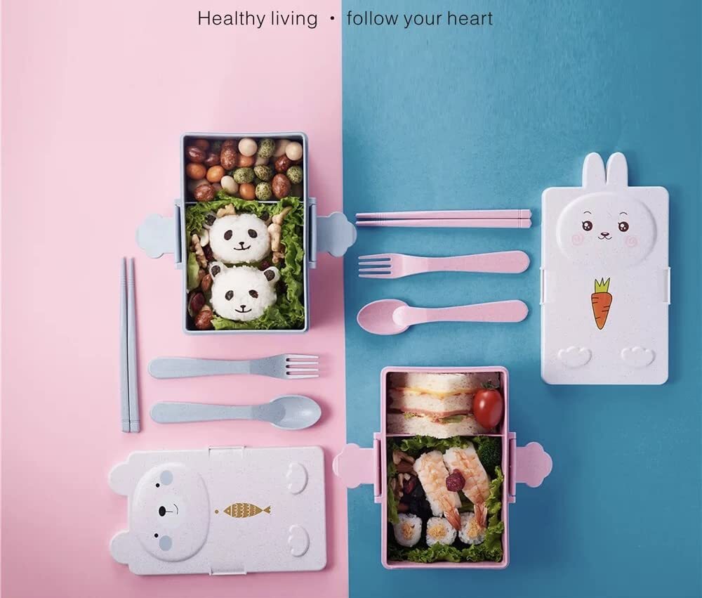 CherryBox Kids Double-Compartment Wheat Straw Cartoon Lunch Box with Spoon, Fork and Chopsticks