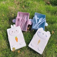 CherryBox Kids Double-Compartment Wheat Straw Cartoon Lunch Box with Spoon, Fork and Chopsticks