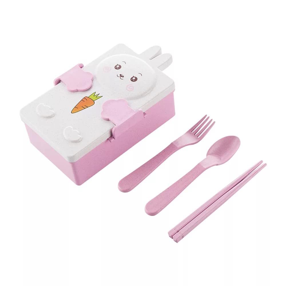CherryBox Kids Double-Compartment Wheat Straw Cartoon Lunch Box with Spoon, Fork and Chopsticks
