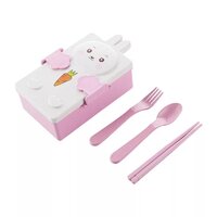 CherryBox Kids Double-Compartment Wheat Straw Cartoon Lunch Box with Spoon, Fork and Chopsticks
