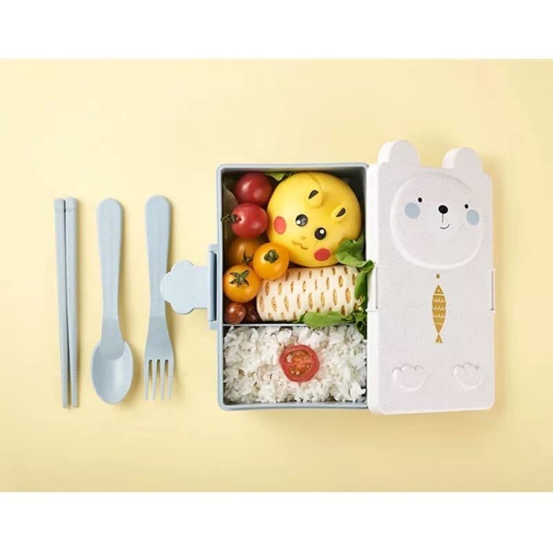 Cherrybox Kids Double-compartment Wheat Straw Cartoon Lunch Box With Spoon, Fork And Chopsticks - Material: Plastic