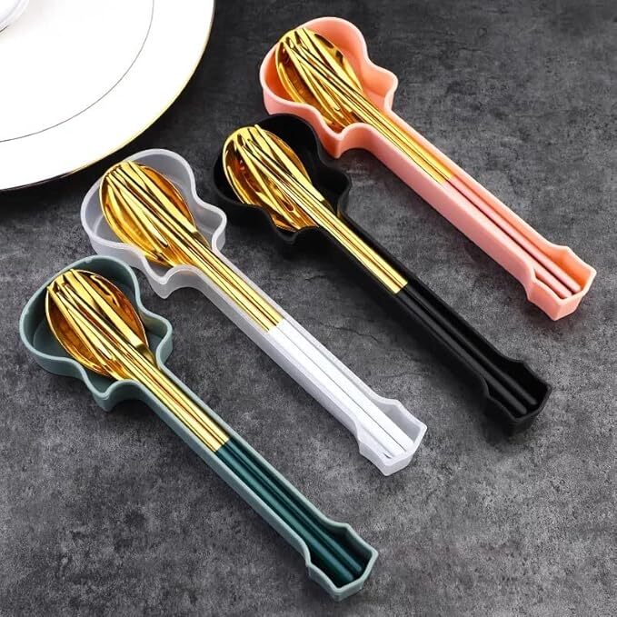 Cherrybox Kapo Premium Spoon Fork & Chopstick Set In Guitar Shape Box - Flatware Dinnerware Cutlery Tableware Set - Gold Plated 304 Stainless Steel - Color: Multi Color