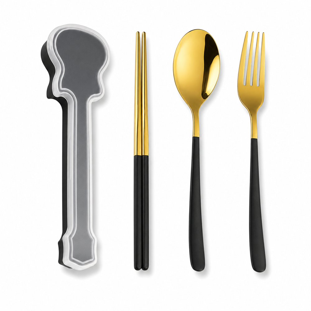 CHERRYBOX KAPO Spoon Fork & Chopstick Set in Guitar Shape Box - Gold Plated 304 Stainless Steel, Standard Size, Multi Color Finish, Polished Design