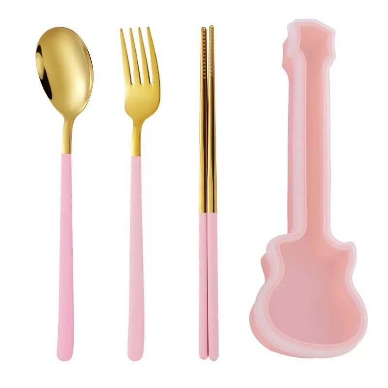 CHERRYBOX KAPO Premium Spoon Fork & Chopstick Set in Guitar Shape Box - Flatware Dinnerware Cutlery Tableware Set - Gold Plated 304 Stainless Steel