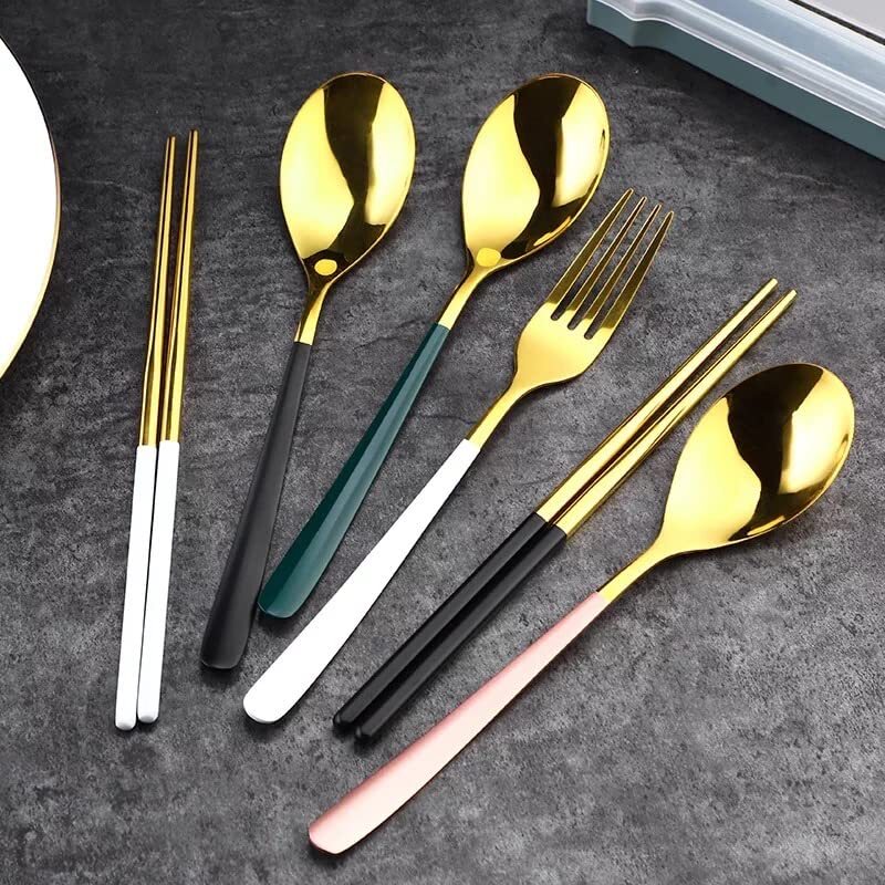 CHERRYBOX KAPO Premium Spoon Fork & Chopstick Set in Guitar Shape Box - Flatware Dinnerware Cutlery Tableware Set - Gold Plated 304 Stainless Steel