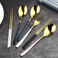 CHERRYBOX KAPO Premium Spoon Fork & Chopstick Set in Guitar Shape Box - Flatware Dinnerware Cutlery Tableware Set - Gold Plated 304 Stainless Steel