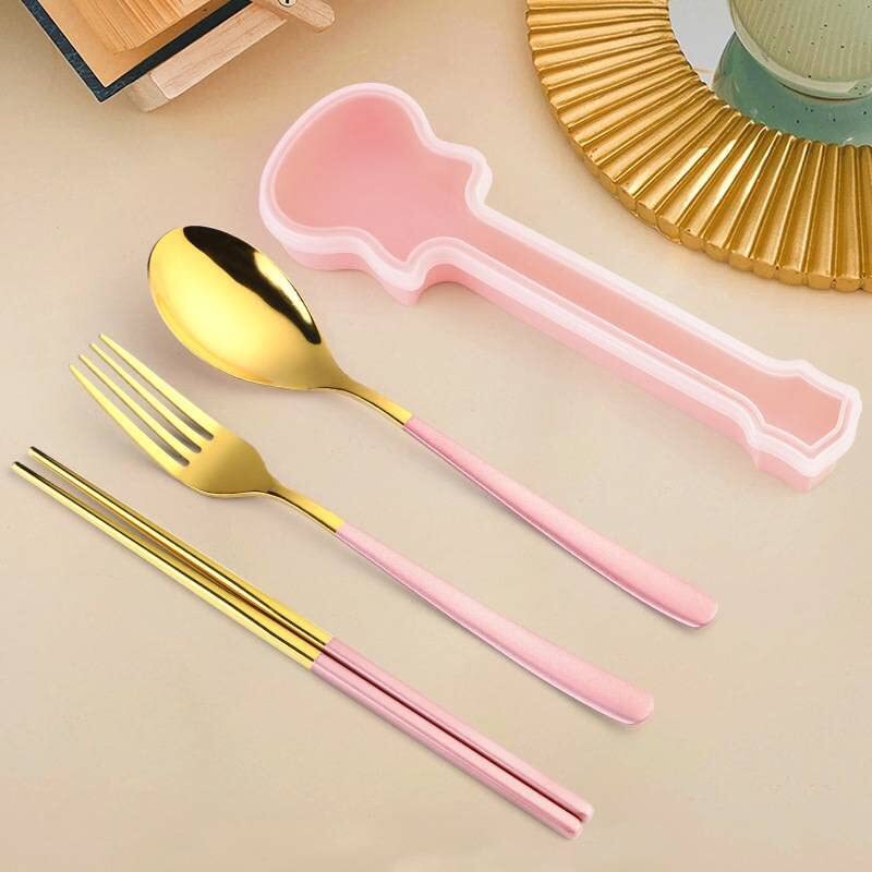 CHERRYBOX KAPO Premium Spoon Fork & Chopstick Set in Guitar Shape Box - Flatware Dinnerware Cutlery Tableware Set - Gold Plated 304 Stainless Steel