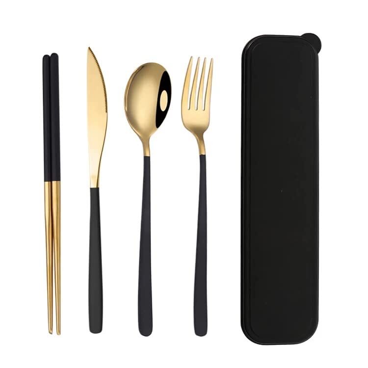 Cherrybox Premium Spoon Fork Butter Knife & Chopstick Set - Flatware Dinnerware Cutlery Tableware Set - Gold Plated 304 Stainless Steel - Color: Multi Color