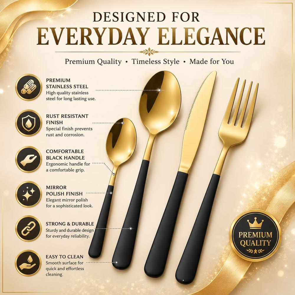 CherryBox Premium Spoon Fork Butter Knife & Chopstick Set - Gold Plated 304 Stainless Steel 12 Sets Multi-Color Oval Design Flatware