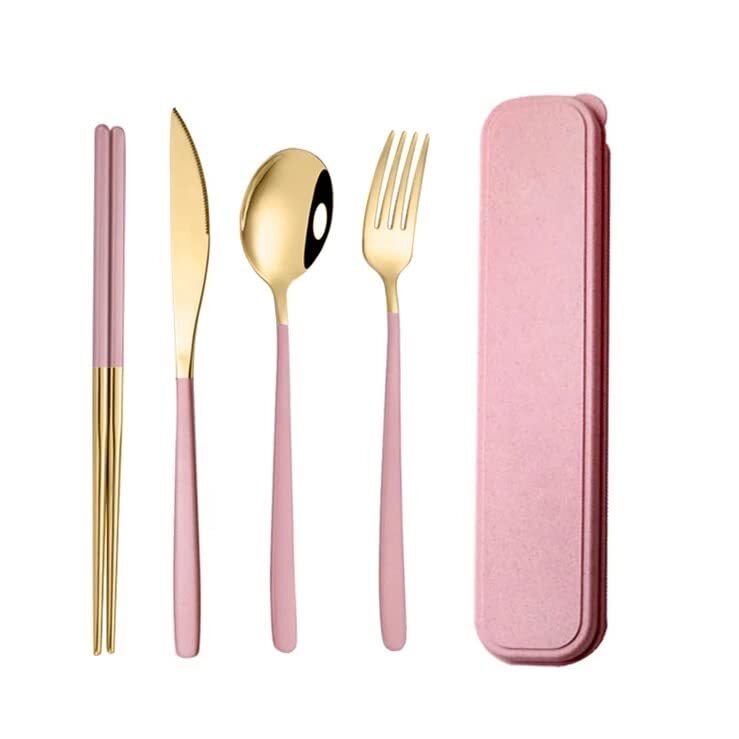 Cherrybox Premium Spoon Fork Butter Knife & Chopstick Set - Gold Plated 304 Stainless Steel, 12 Sets Multi-color Oval Design Flatware