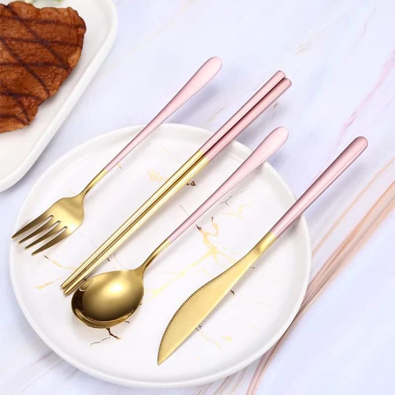 Cherrybox Premium Spoon Fork Butter Knife & Chopstick Set - Gold Plated 304 Stainless Steel, 12 Sets Multi-color Oval Design Flatware