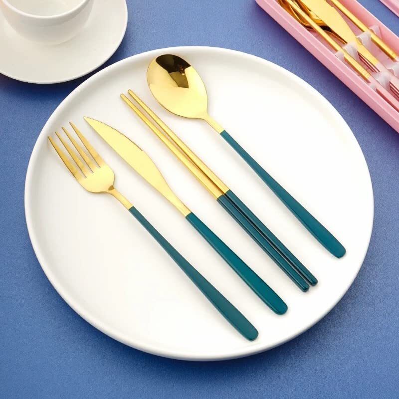 CherryBox Premium Spoon Fork Butter Knife & Chopstick Set - Flatware Dinnerware Cutlery Tableware Set - Gold Plated 304 Stainless Steel