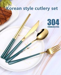 CherryBox Premium Spoon Fork Butter Knife & Chopstick Set - Flatware Dinnerware Cutlery Tableware Set - Gold Plated 304 Stainless Steel