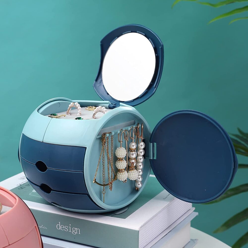 CherryBox Jewelry Box Organizer for Women Girls, 3-Drawer Jewelry Storage Box with Mirror Jewelry Travel Case Holder Compact Drawers Set