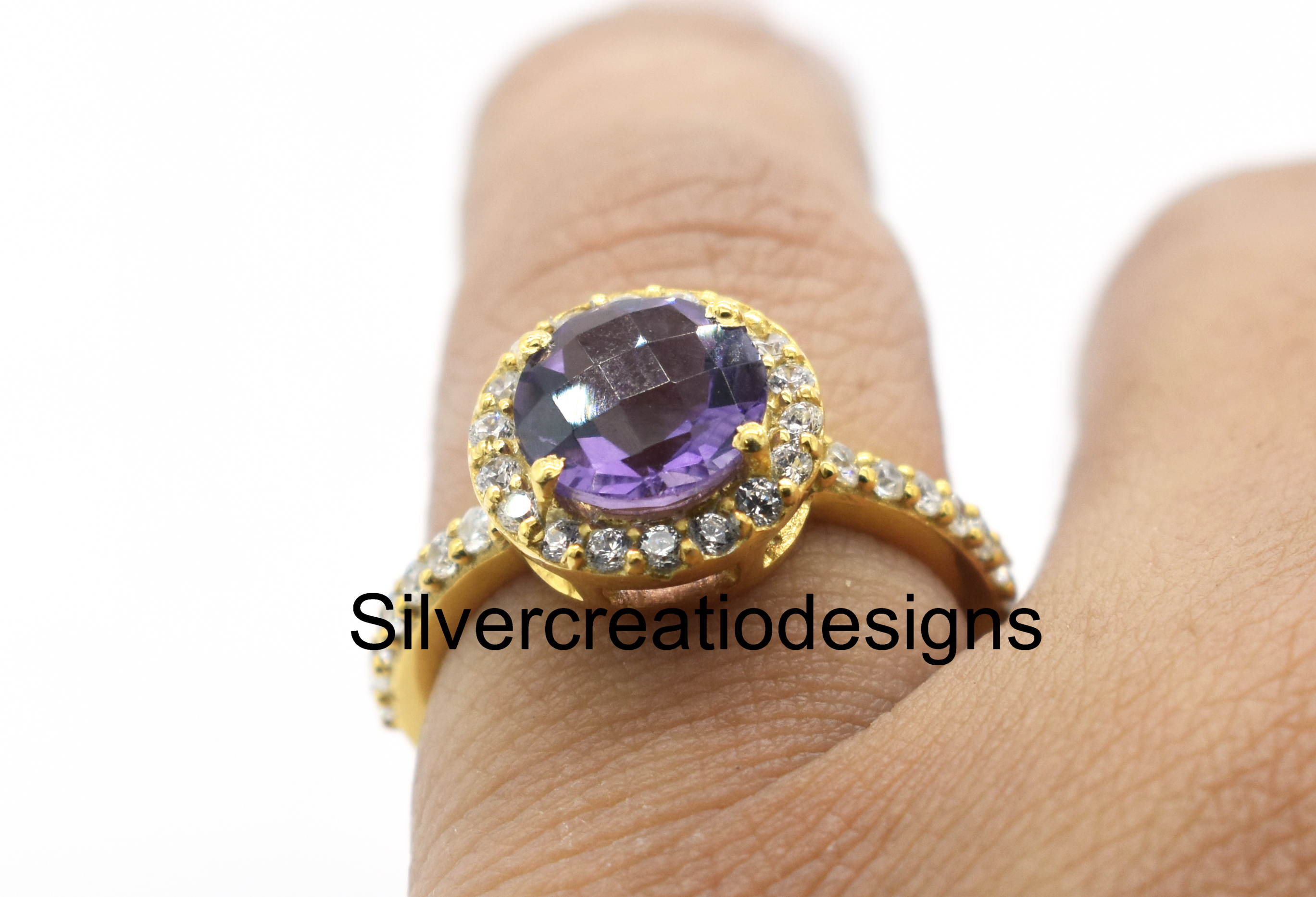 925 Sterling Silver Amethyst & Moissanite Statement Ring, Birthstone Wedding Jewelry, 