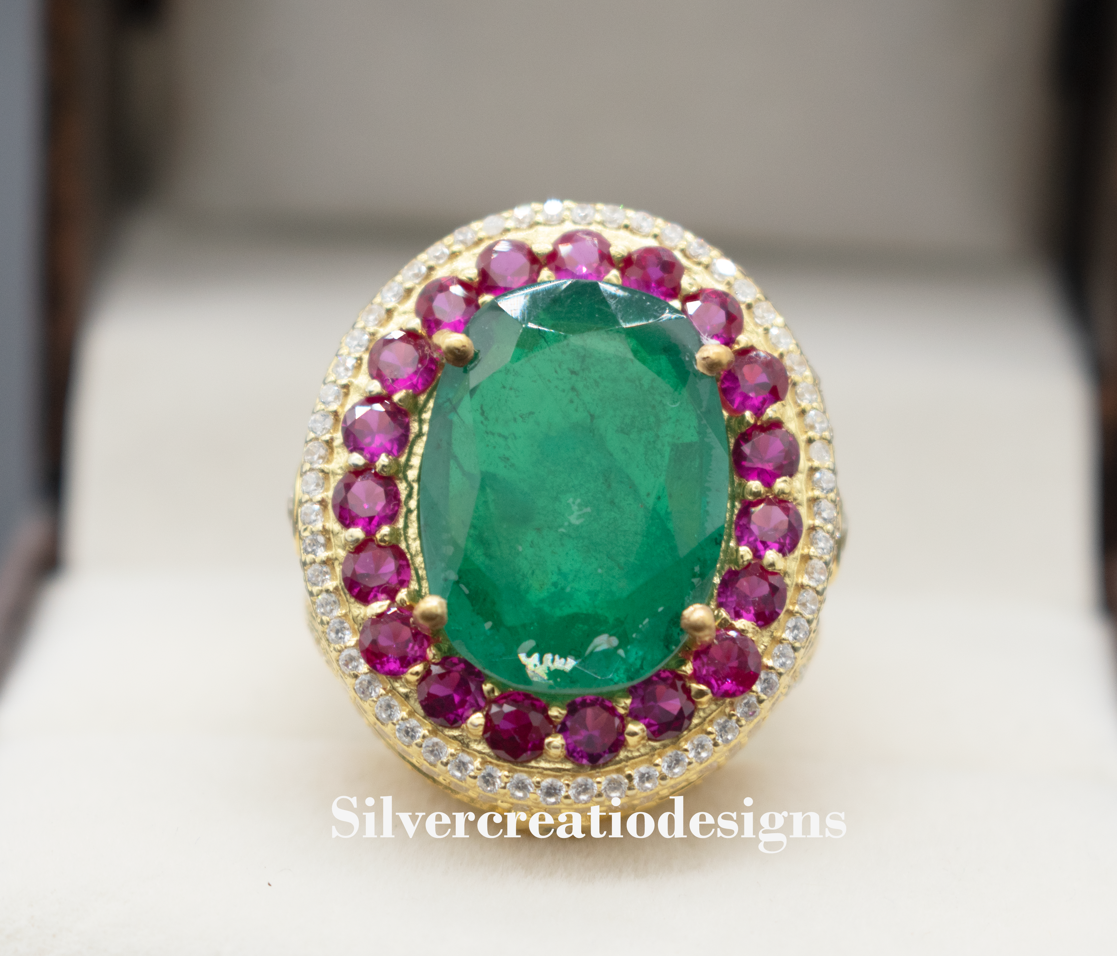Sterling Silver Lab Grown Emerald & Ruby Statement Ring, Vintage Cocktail Ring, Dainty Wedding Jewelry, Anniversary Gift for Wife