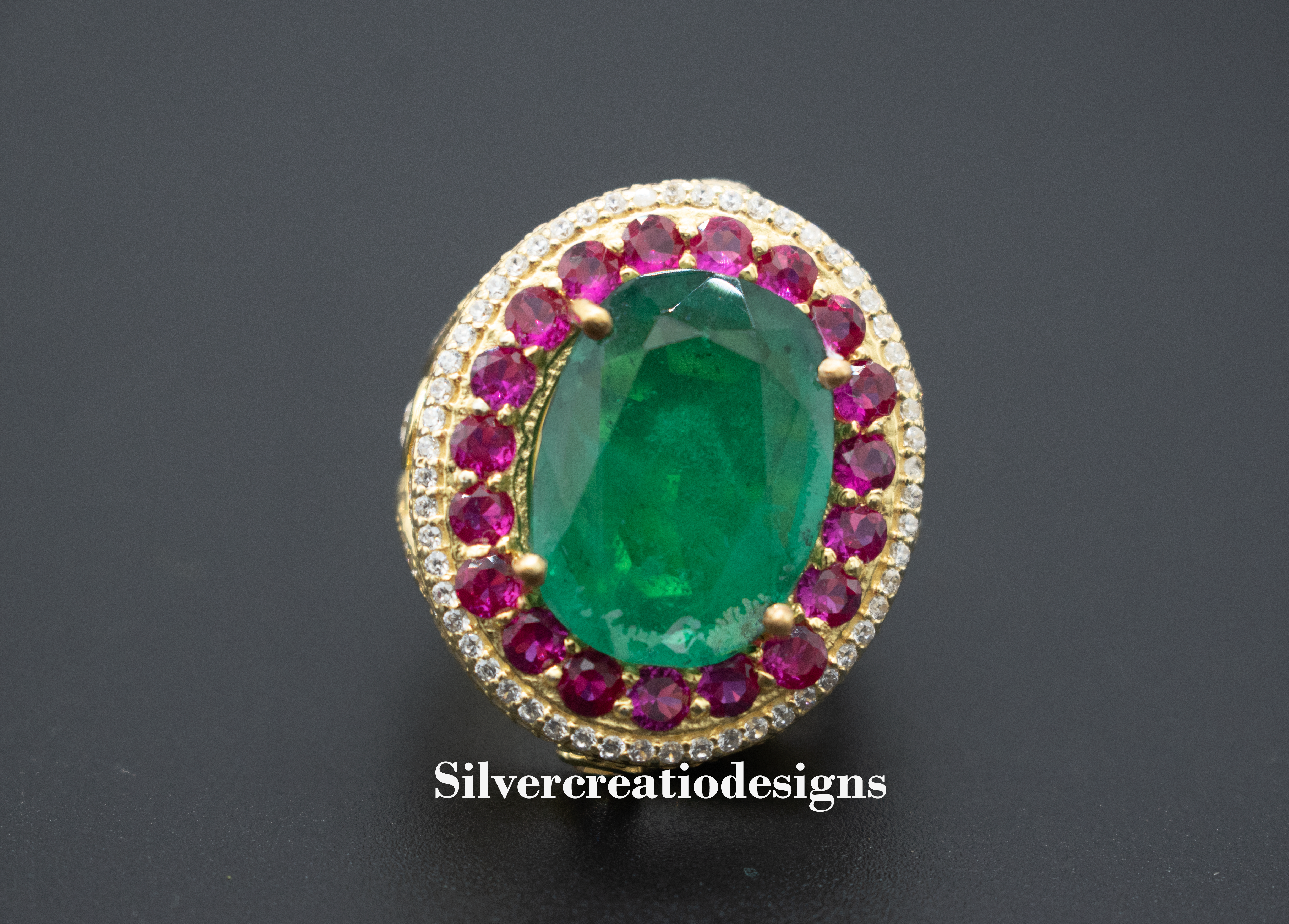 Sterling Silver Lab Grown Emerald & Ruby Statement Ring, Vintage Cocktail Ring, Dainty Wedding Jewelry, Anniversary Gift for Wife