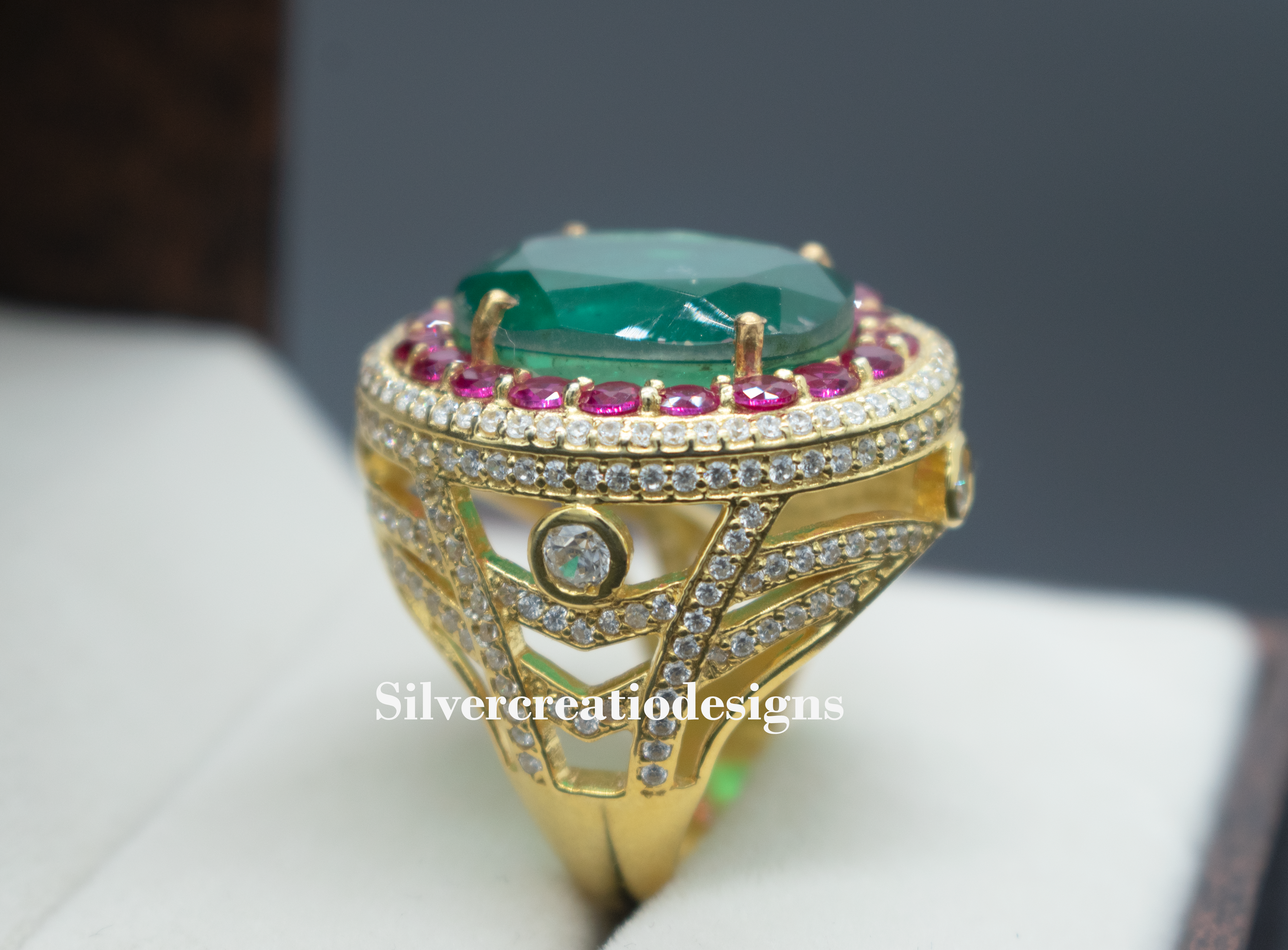 Sterling Silver Lab Grown Emerald & Ruby Statement Ring, Vintage Cocktail Ring, Dainty Wedding Jewelry, Anniversary Gift for Wife