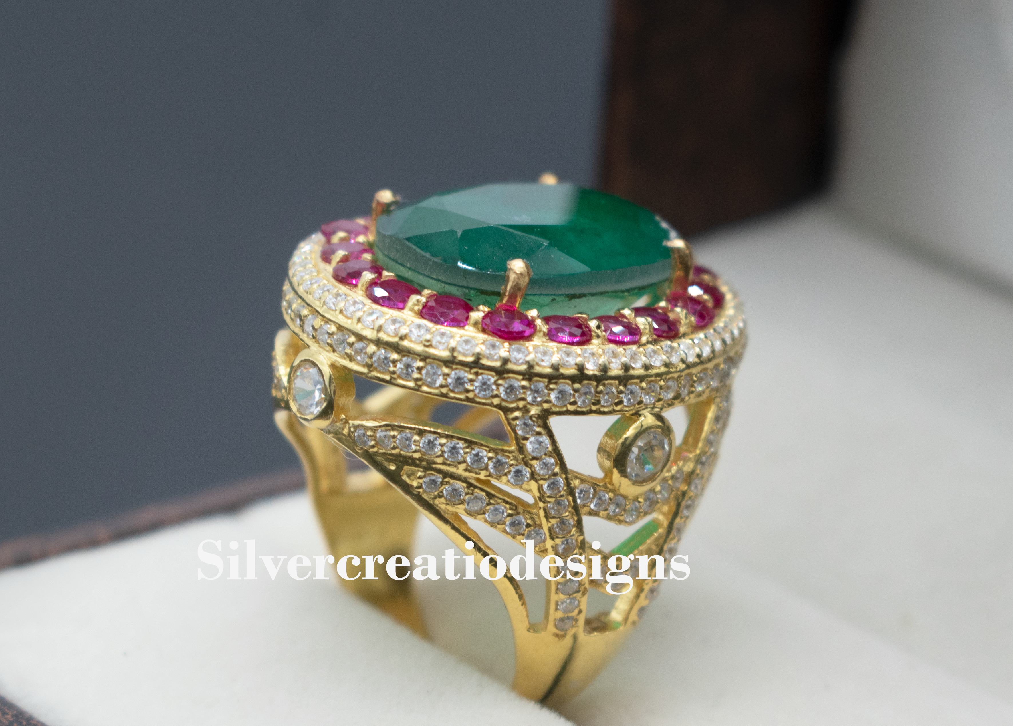 Sterling Silver Lab Grown Emerald & Ruby Statement Ring, Vintage Cocktail Ring, Dainty Wedding Jewelry, Anniversary Gift for Wife