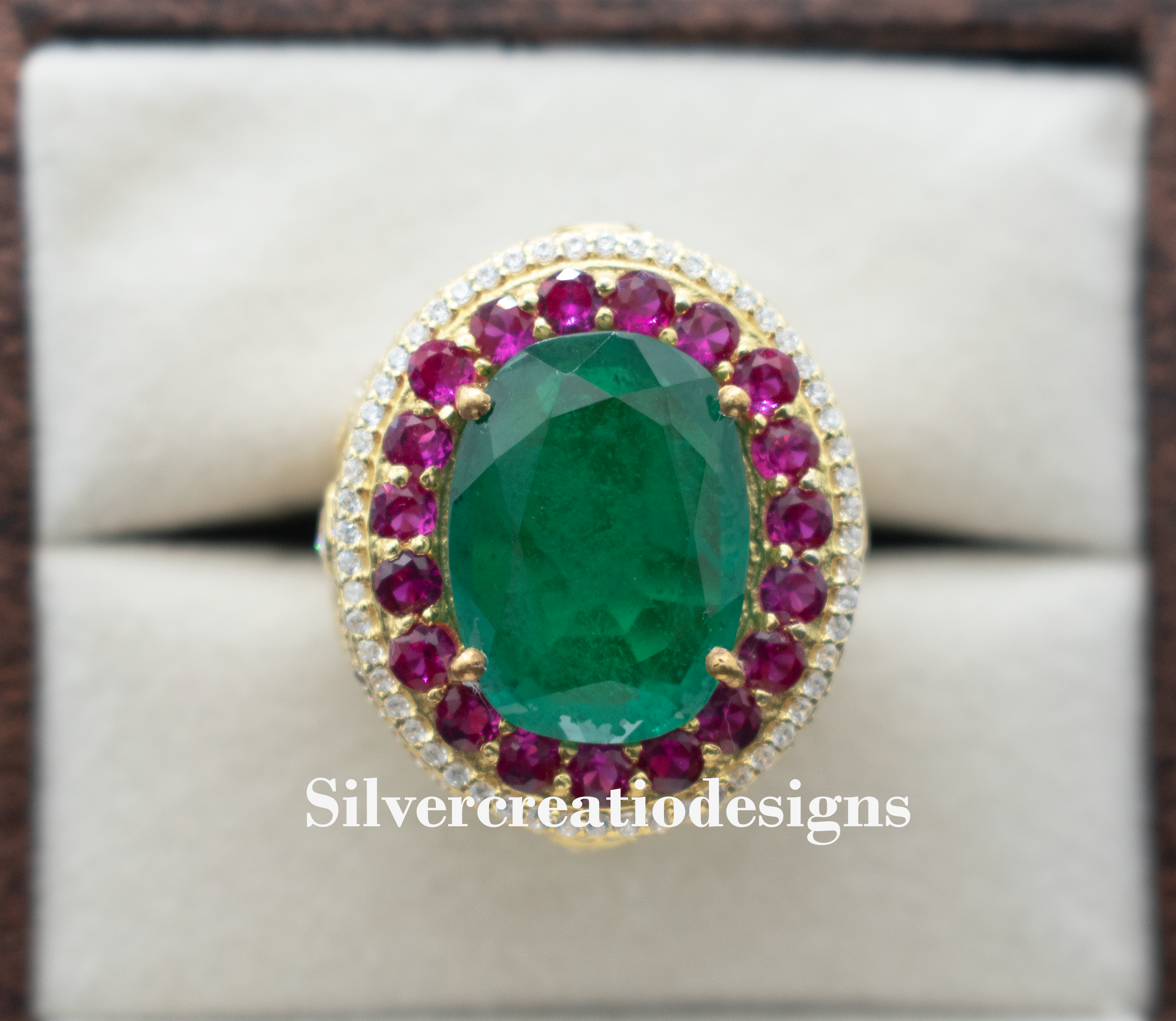 Sterling Silver Lab Grown Emerald & Ruby Statement Ring, Vintage Cocktail Ring, Dainty Wedding Jewelry, Anniversary Gift for Wife