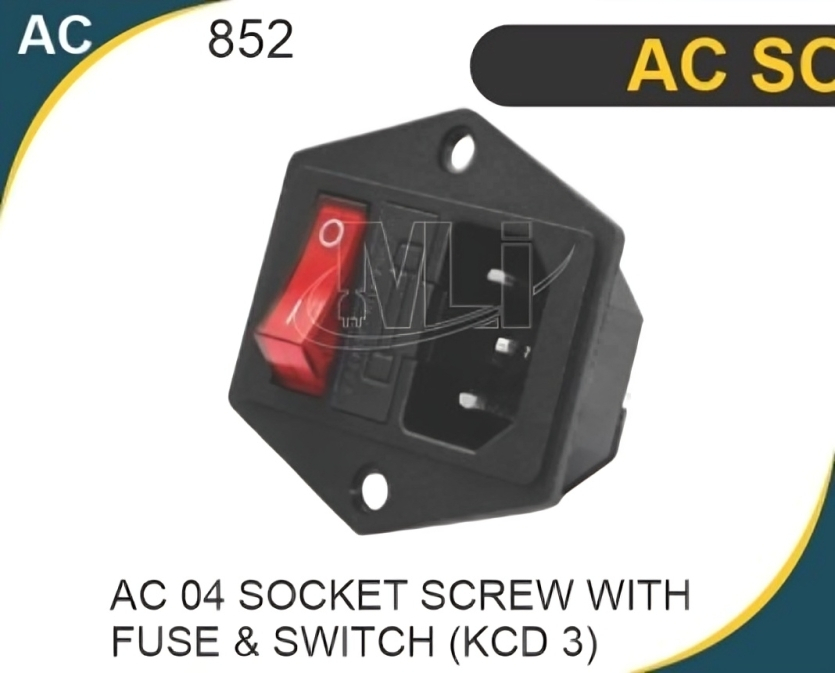 PVC AC SOCKET SCREW WITH FUSE & SWITCH (KCD 3) - 16A, Standard Size , Black | High Durability, Insulation Resistance, Secure Connection