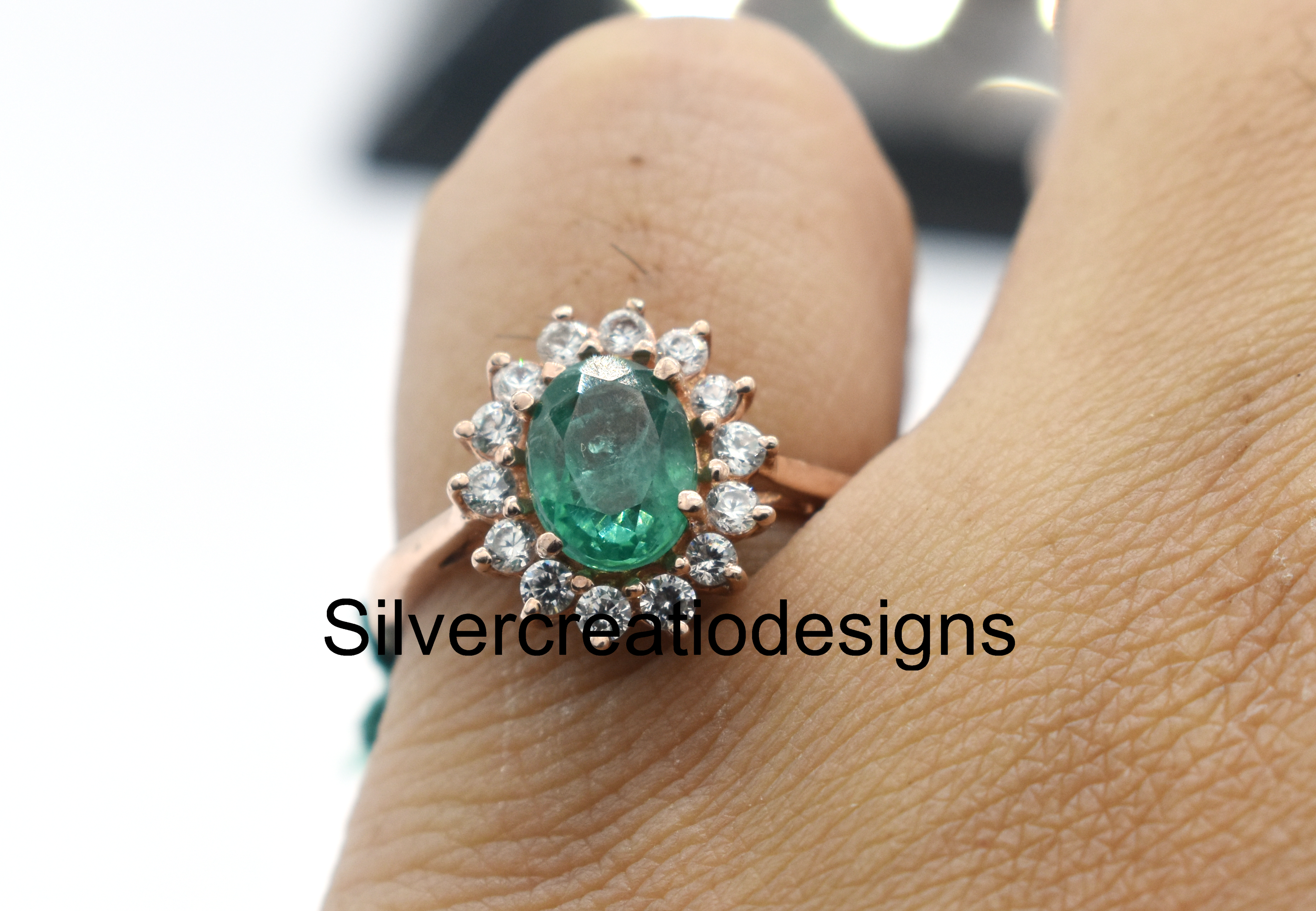 Lab Made Emerald Statement Ring, Moissanite Promise Ring, 8X6 Mm Oval Cut Handmade Jewelry - Color: Green