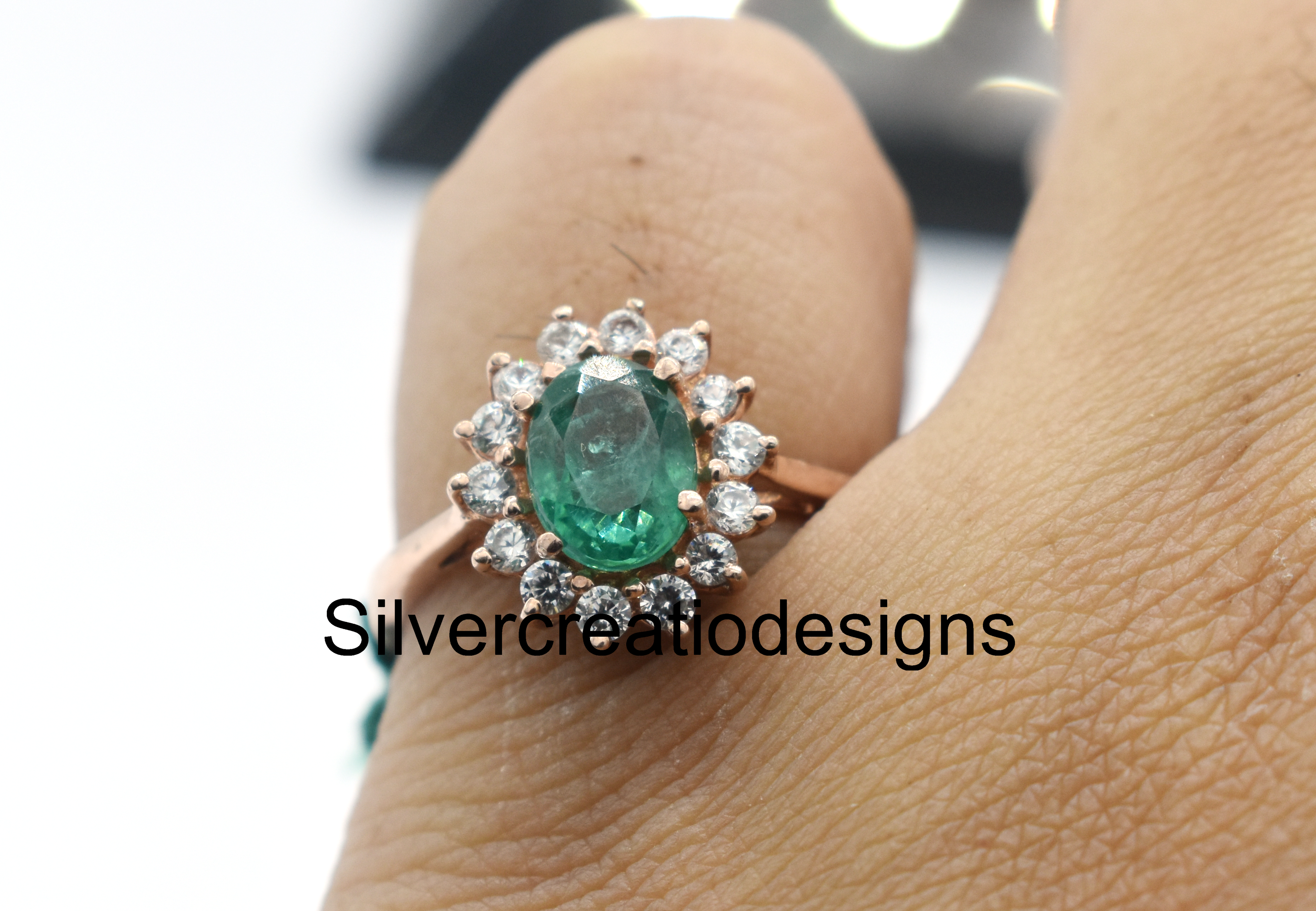 Lab Made Emerald Statement Ring, Moissanite Promise Ring, 8x6 mm Oval Cut Handmade Jewelry