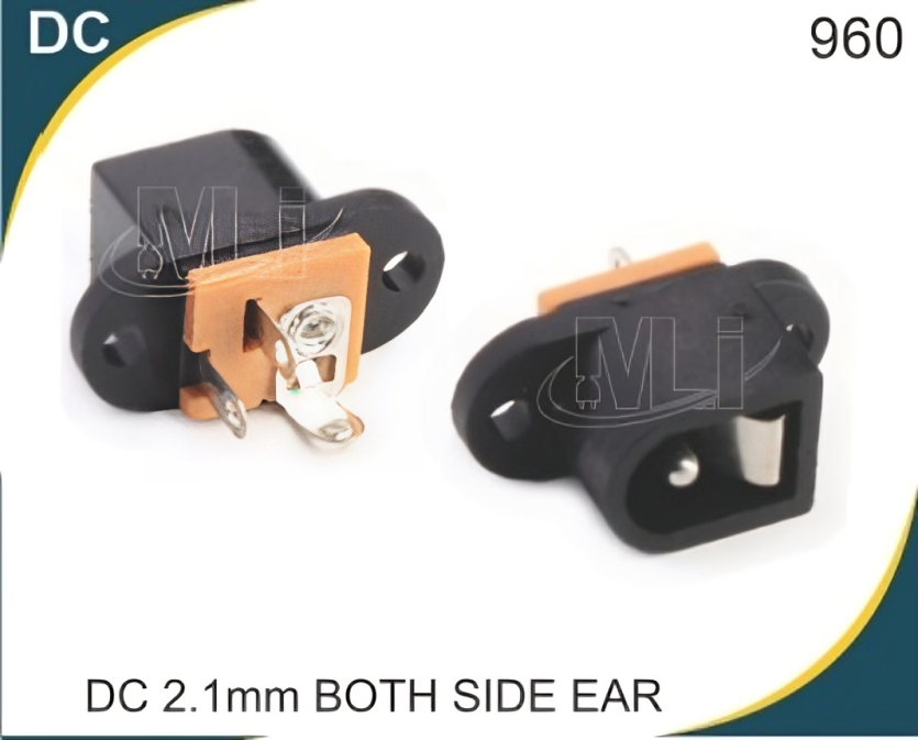 DC 2.21 MM BOTH EAR - ABS Plastic , Vertical PCB Mount Female Jack, Black with Nickel-Plated Brass Pins for Moisture Resistance and Excellent Conductivity