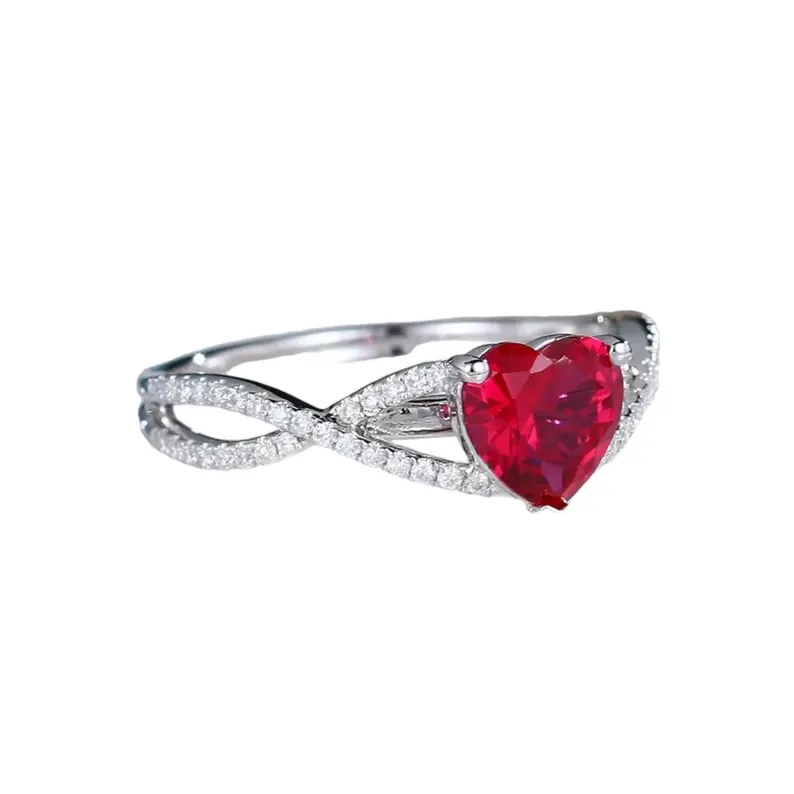 Lab Grown Ruby Statement Ring, Round & Heart Cut, Lab Grown Diamond Engagement Ring, 1.51 Ct, Anniversary Gifts For Wife - Color: Silver