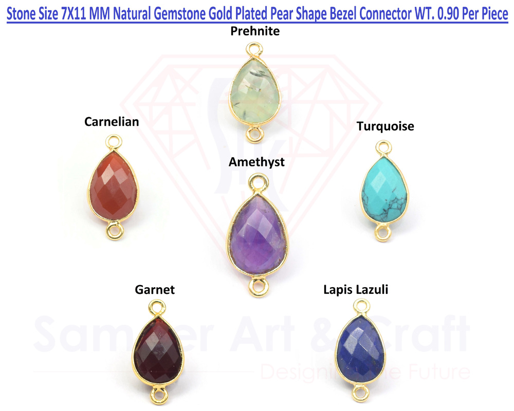 Natural Gemstone With 18K Gold Plated Handmade Pear Shape Double Bail Faceted Cut Stone Bezel Connector