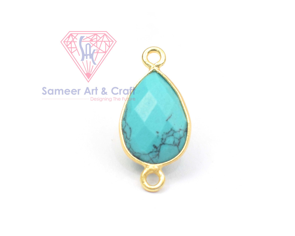 Natural Gemstone With 18K Gold Plated Handmade Pear Shape Double Bail Faceted Cut Stone Bezel Connector