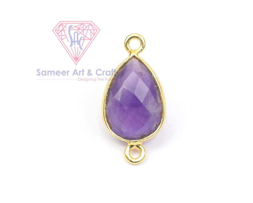 Natural Gemstone With 18K Gold Plated Handmade Pear Shape Double Bail Faceted Cut Stone Bezel Connector