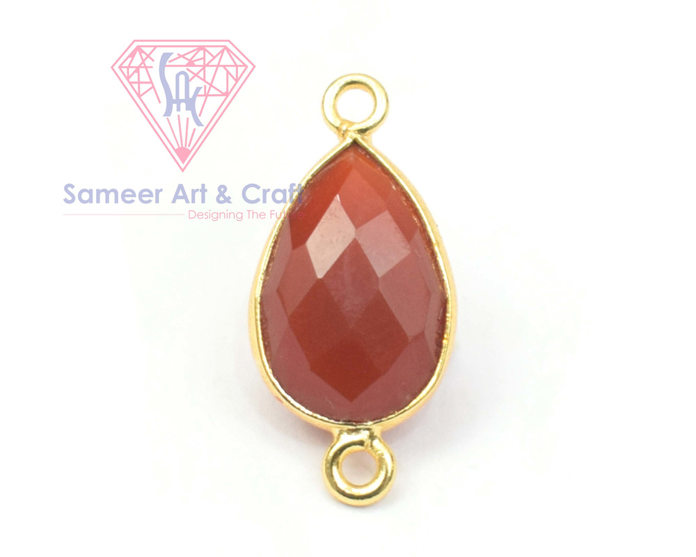 Natural Gemstone With 18K Gold Plated Handmade Pear Shape Double Bail Faceted Cut Stone Bezel Connector