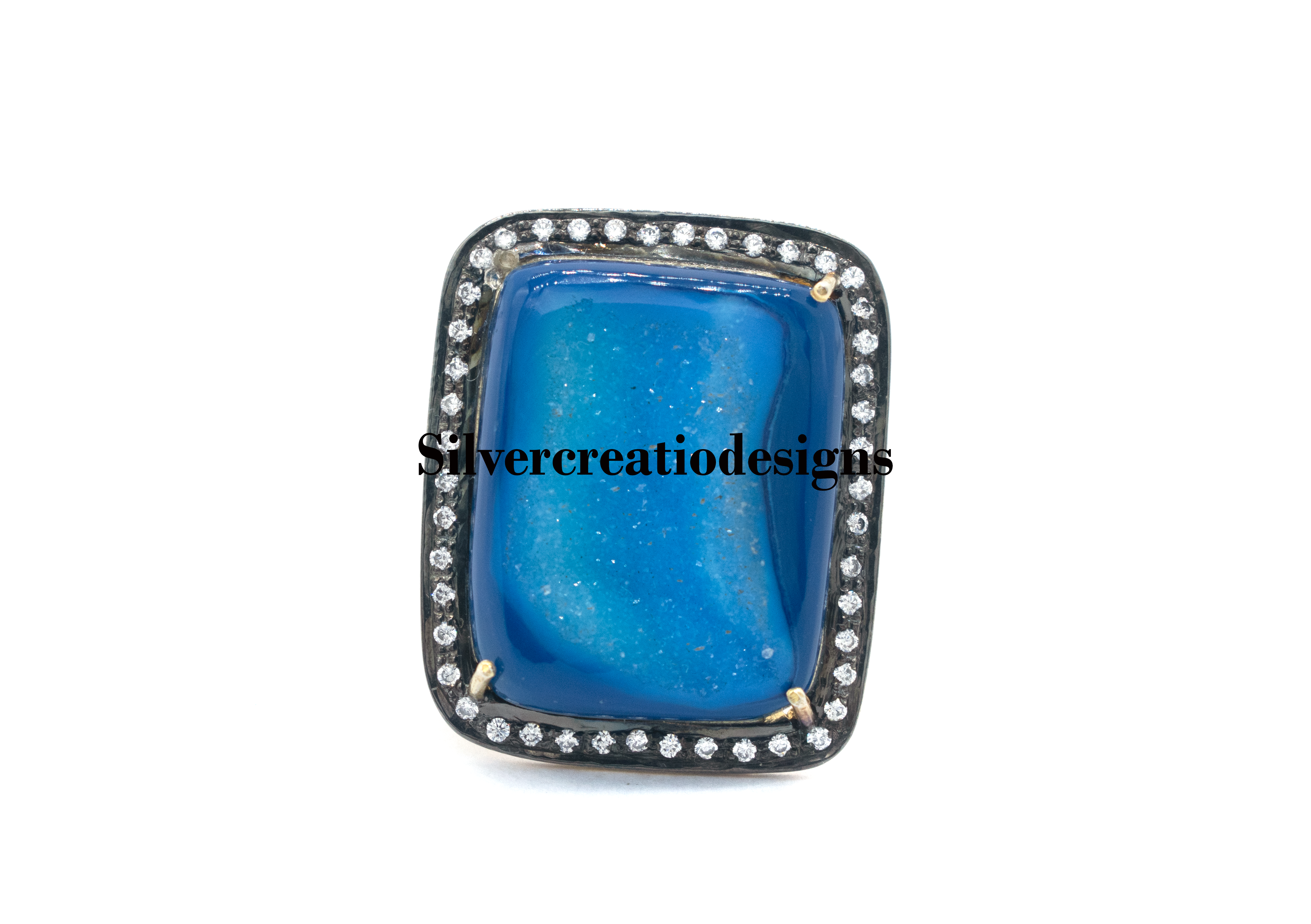 Sterling Silver Pave Diamond & Blue Druzy Statement Ring, Dainty Promise Ring, Handmade Gemstone Jewelry, Gift for Wife