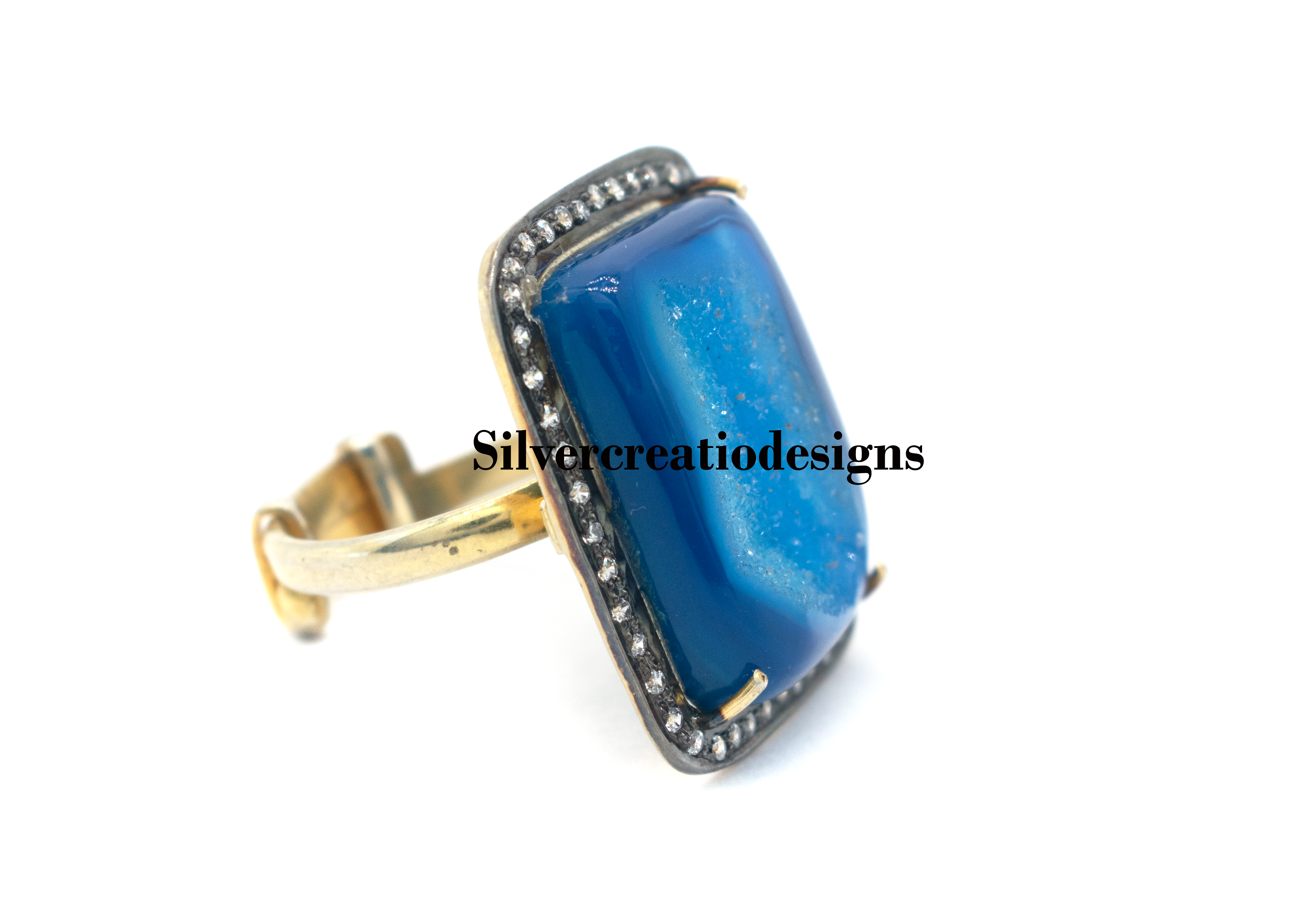 Blue Druzzy & Pave Diamond Sterling Silver Ring - 925 Skin Friendly, Rectangular 14.40 Cts Gemstone | Dainty Promise Jewelry For Women, Ideal For Engagement & Party Occasions