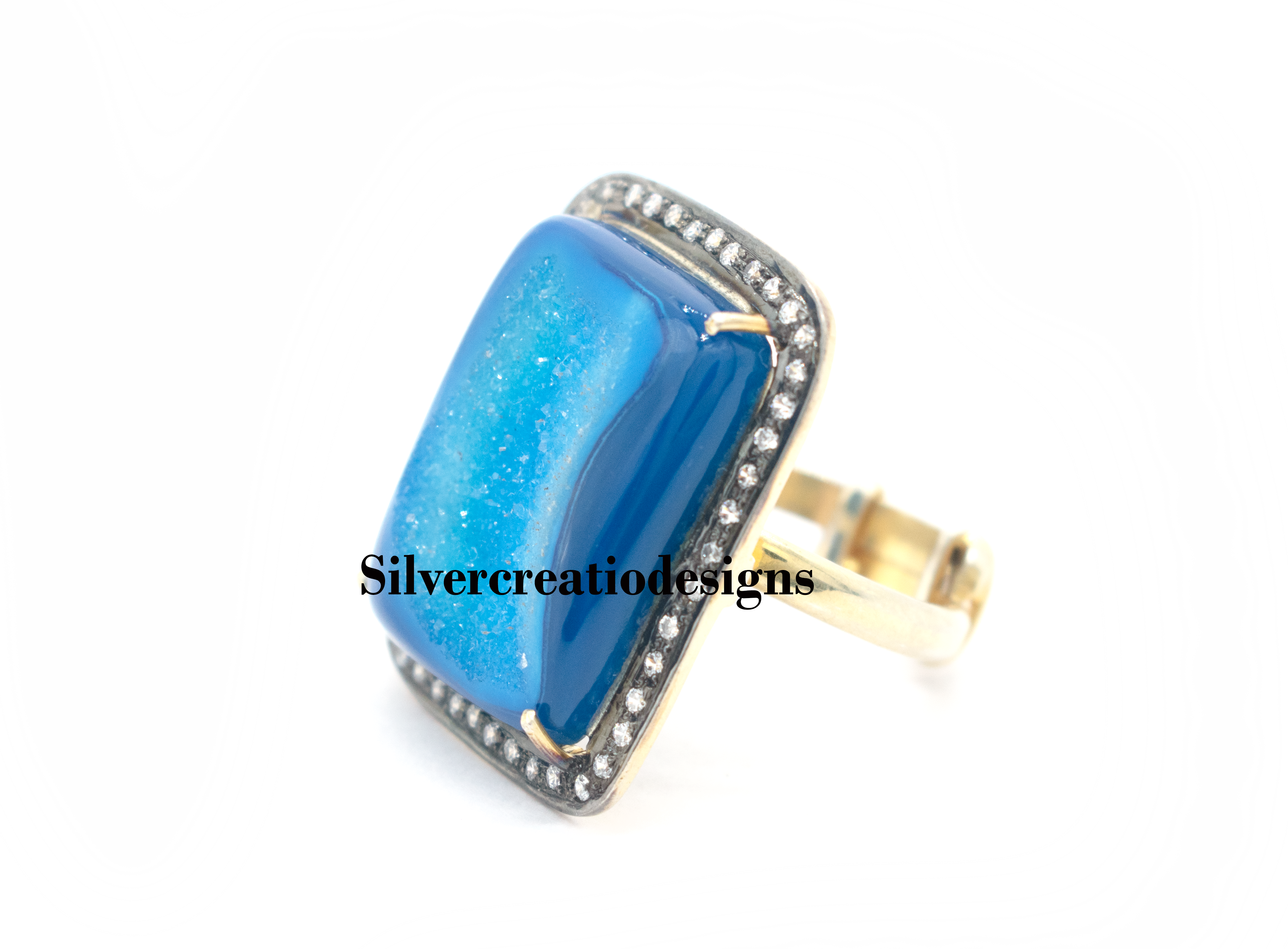 Sterling Silver Pave Diamond & Blue Druzy Statement Ring, Dainty Promise Ring, Handmade Gemstone Jewelry, Gift for Wife