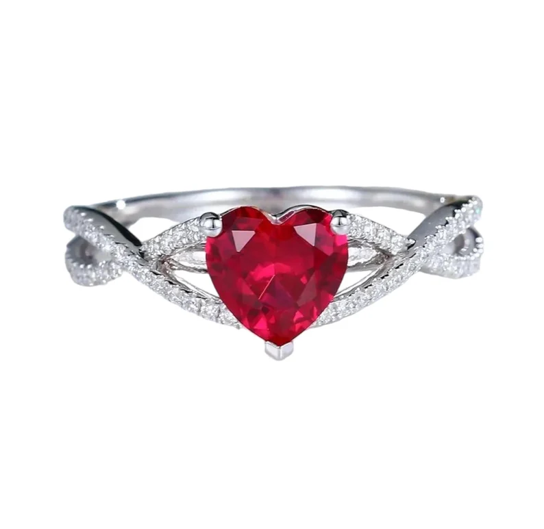 Lab Grown Ruby Statement Ring, Round & Heart Cut, Lab Grown Diamond Engagement Ring, 1.51 Ct, Anniversary Gifts for Wife