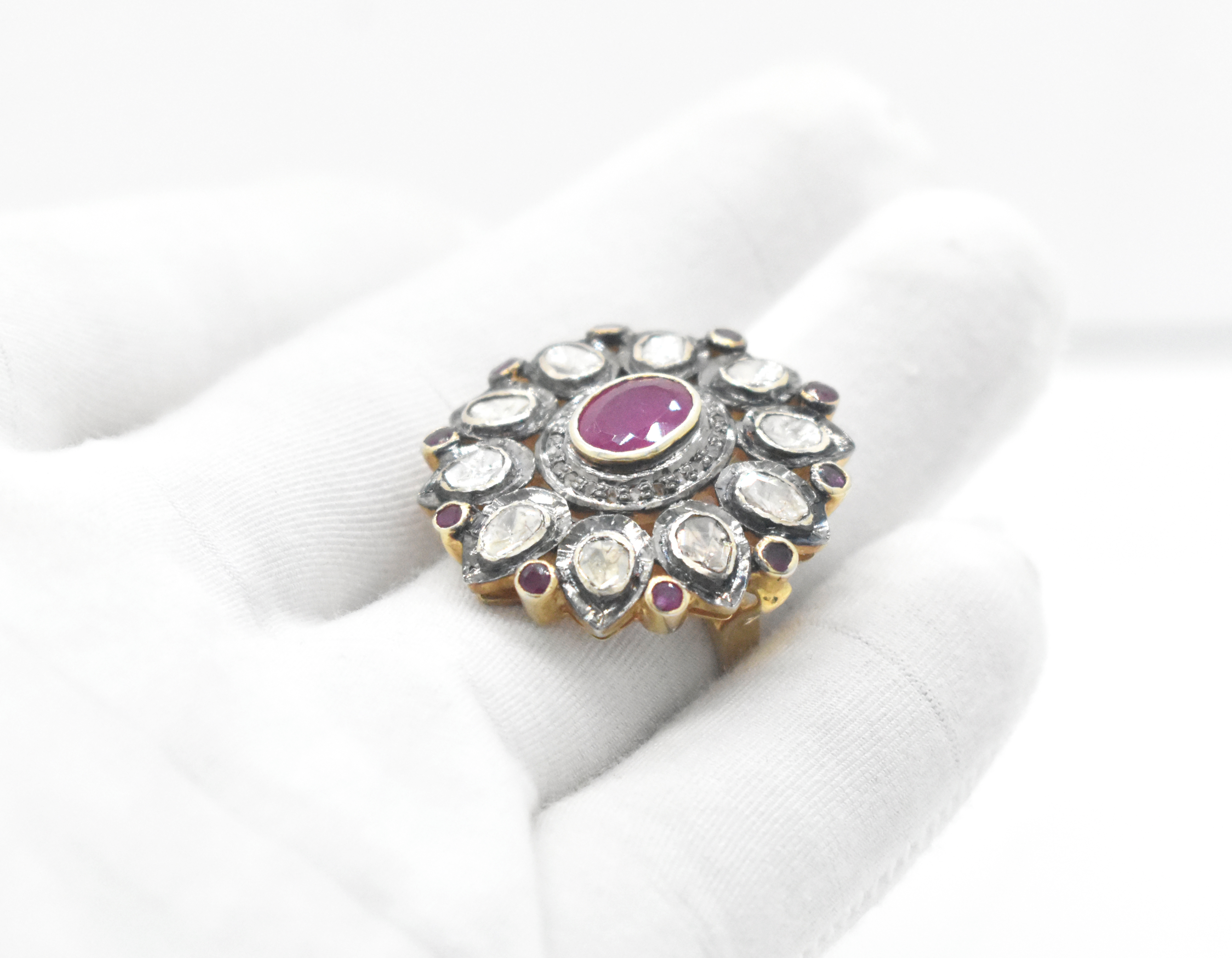 Sterling Silver Polki Diamond & Ruby Statement Ring, Vintage Promise Ring, Handmade Polki Jewelry, Anniversary Gift for Wife