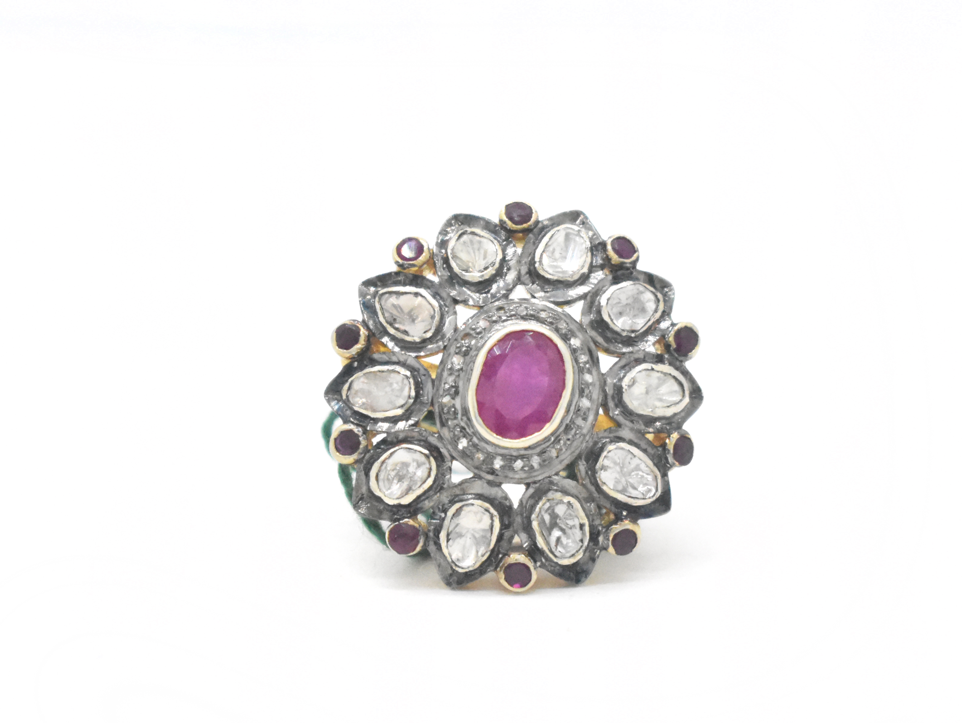 Sterling Silver Polki Diamond & Ruby Statement Ring, Vintage Promise Ring, Handmade Polki Jewelry, Anniversary Gift for Wife